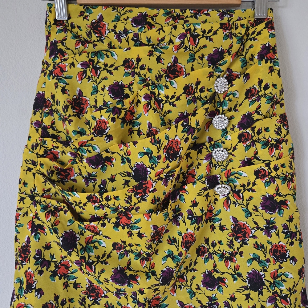 Zara Yellow Floral Mini Skirt with Button Accents